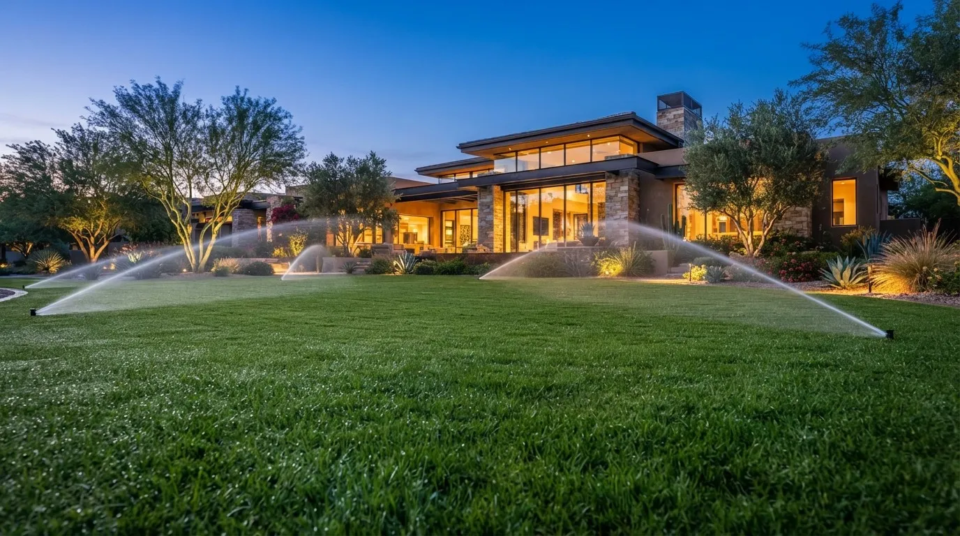 Modern desert home at dusk with landscape lighting and sprinklers watering a green lawn