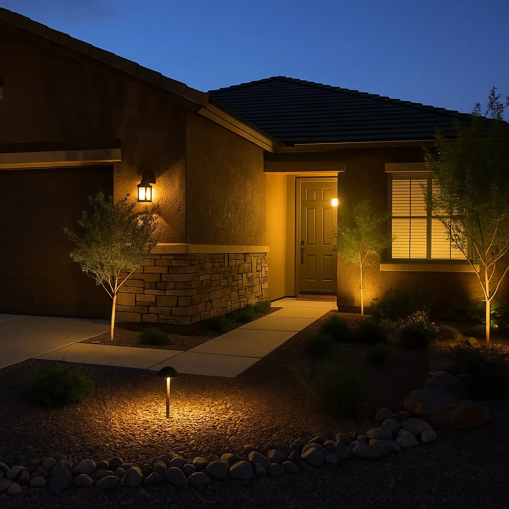Low-voltage path and wall lights on a home at dusk